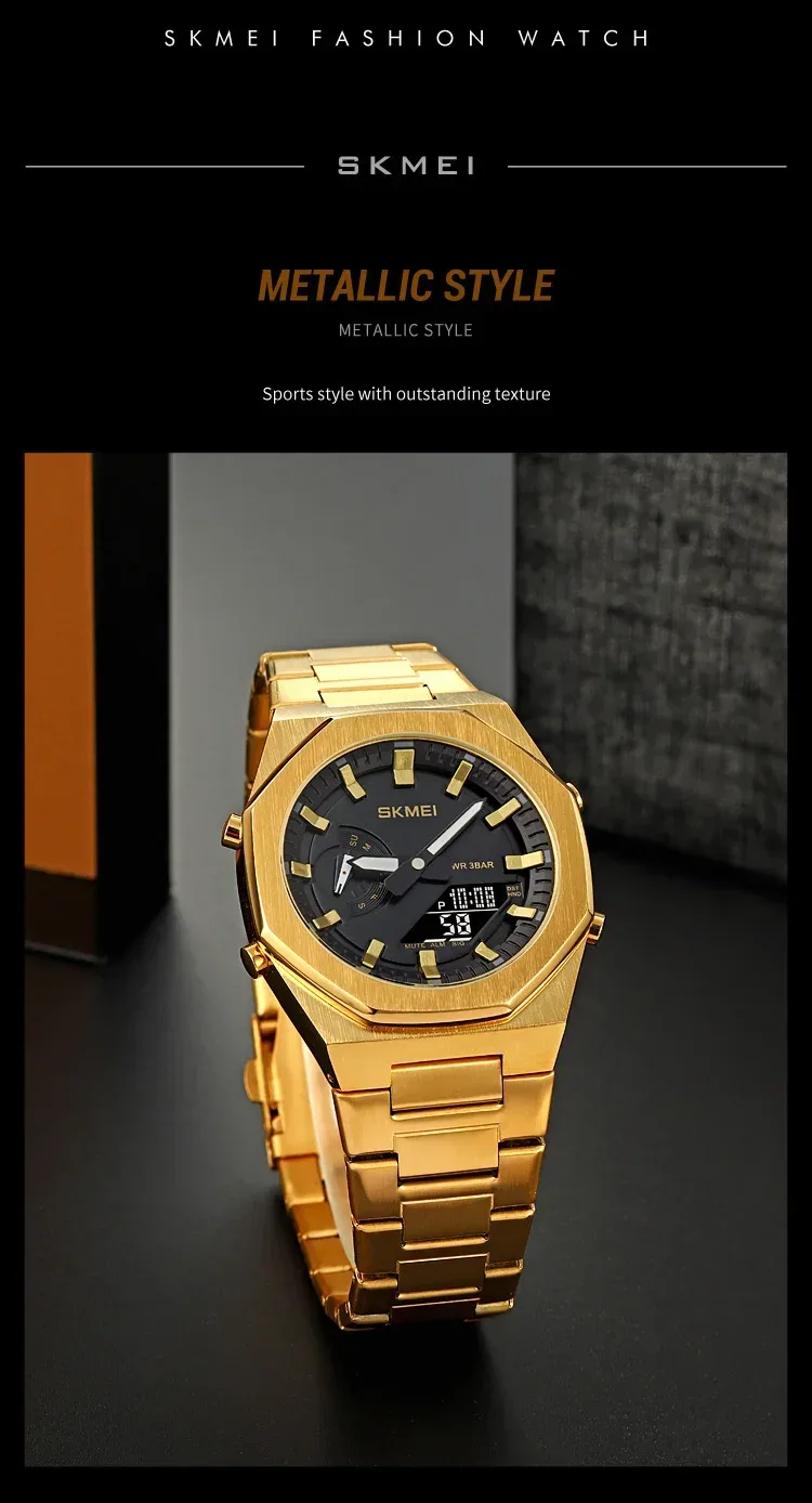 SKMEI Luxury Quartz Watch for Men Sport Stainless Steel Digital LED Display Waterproof Wristwatches Mens Clock Reloj Hombre 1816
