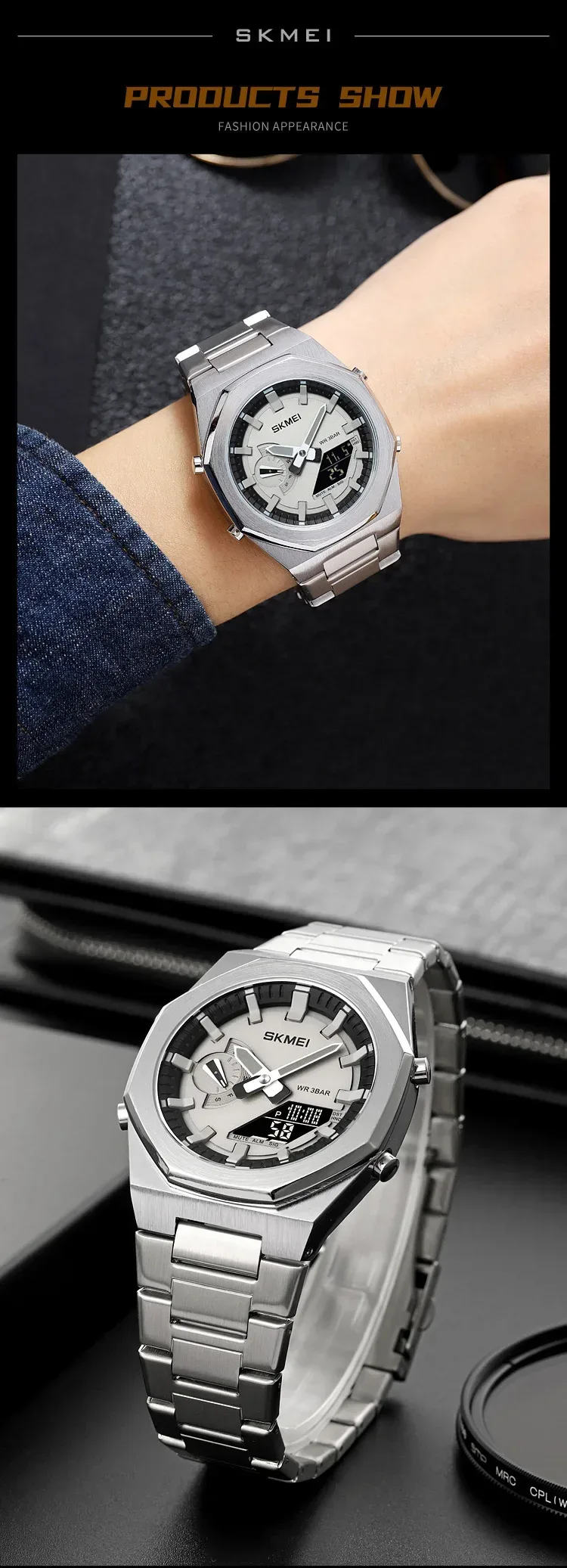 SKMEI Luxury Quartz Watch for Men Sport Stainless Steel Digital LED Display Waterproof Wristwatches Mens Clock Reloj Hombre 1816