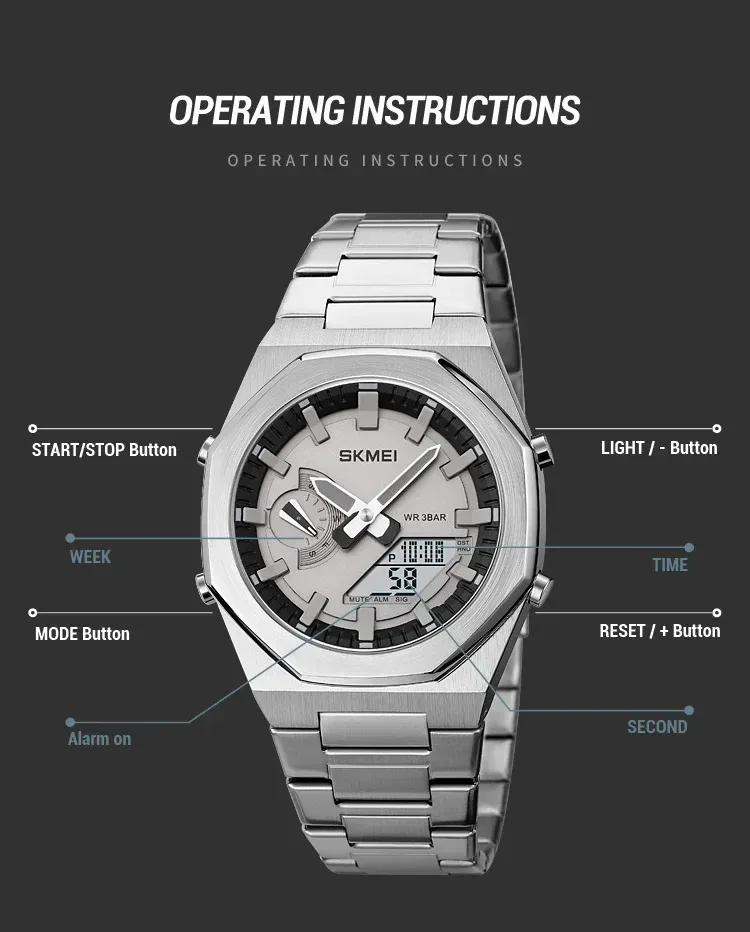 SKMEI Luxury Quartz Watch for Men Sport Stainless Steel Digital LED Display Waterproof Wristwatches Mens Clock Reloj Hombre 1816