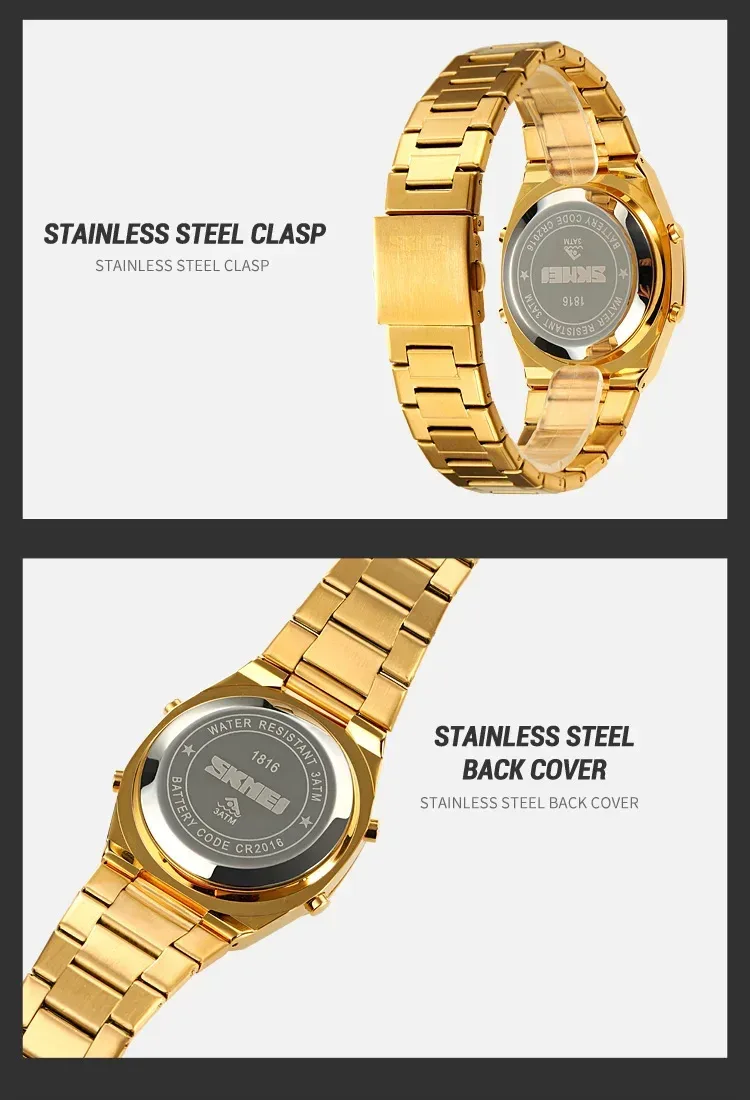 SKMEI Luxury Quartz Watch for Men Sport Stainless Steel Digital LED Display Waterproof Wristwatches Mens Clock Reloj Hombre 1816