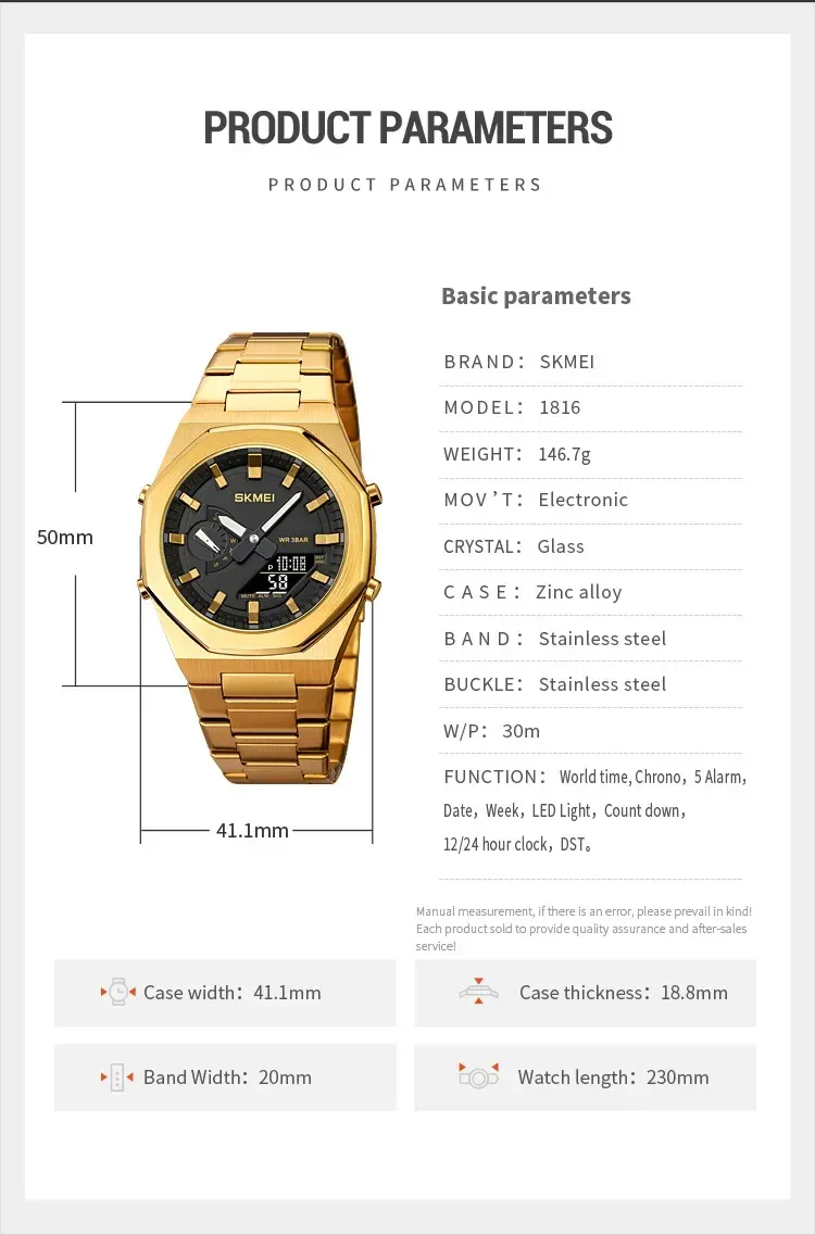 SKMEI Luxury Quartz Watch for Men Sport Stainless Steel Digital LED Display Waterproof Wristwatches Mens Clock Reloj Hombre 1816