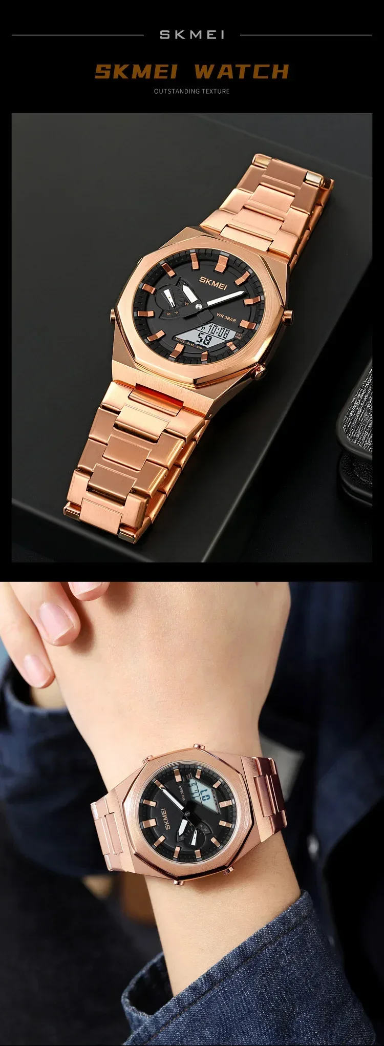 SKMEI Luxury Quartz Watch for Men Sport Stainless Steel Digital LED Display Waterproof Wristwatches Mens Clock Reloj Hombre 1816