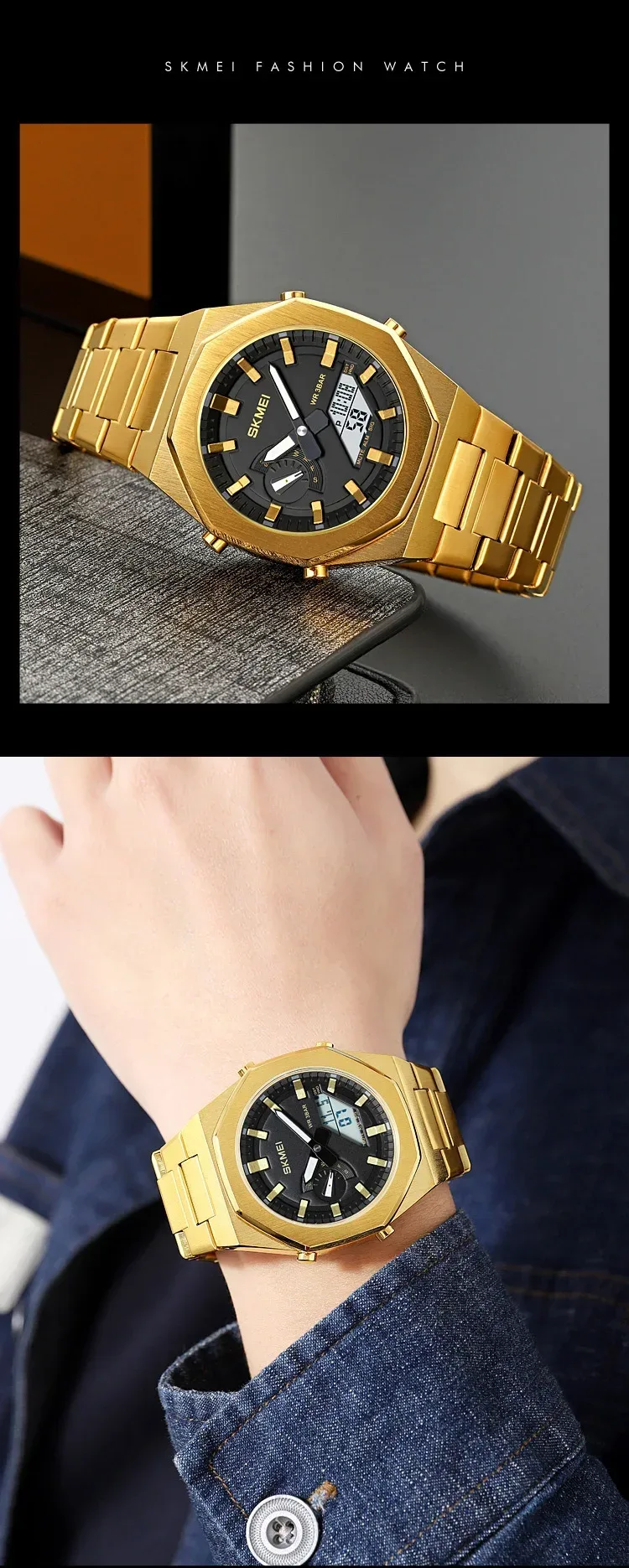 SKMEI Luxury Quartz Watch for Men Sport Stainless Steel Digital LED Display Waterproof Wristwatches Mens Clock Reloj Hombre 1816