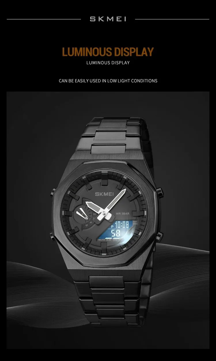 SKMEI Luxury Quartz Watch for Men Sport Stainless Steel Digital LED Display Waterproof Wristwatches Mens Clock Reloj Hombre 1816