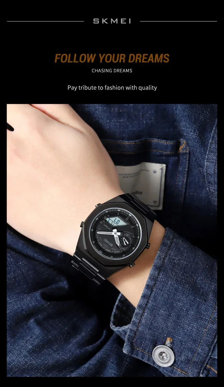 SKMEI Luxury Quartz Watch for Men Sport Stainless Steel Digital LED Display Waterproof Wristwatches Mens Clock Reloj Hombre 1816