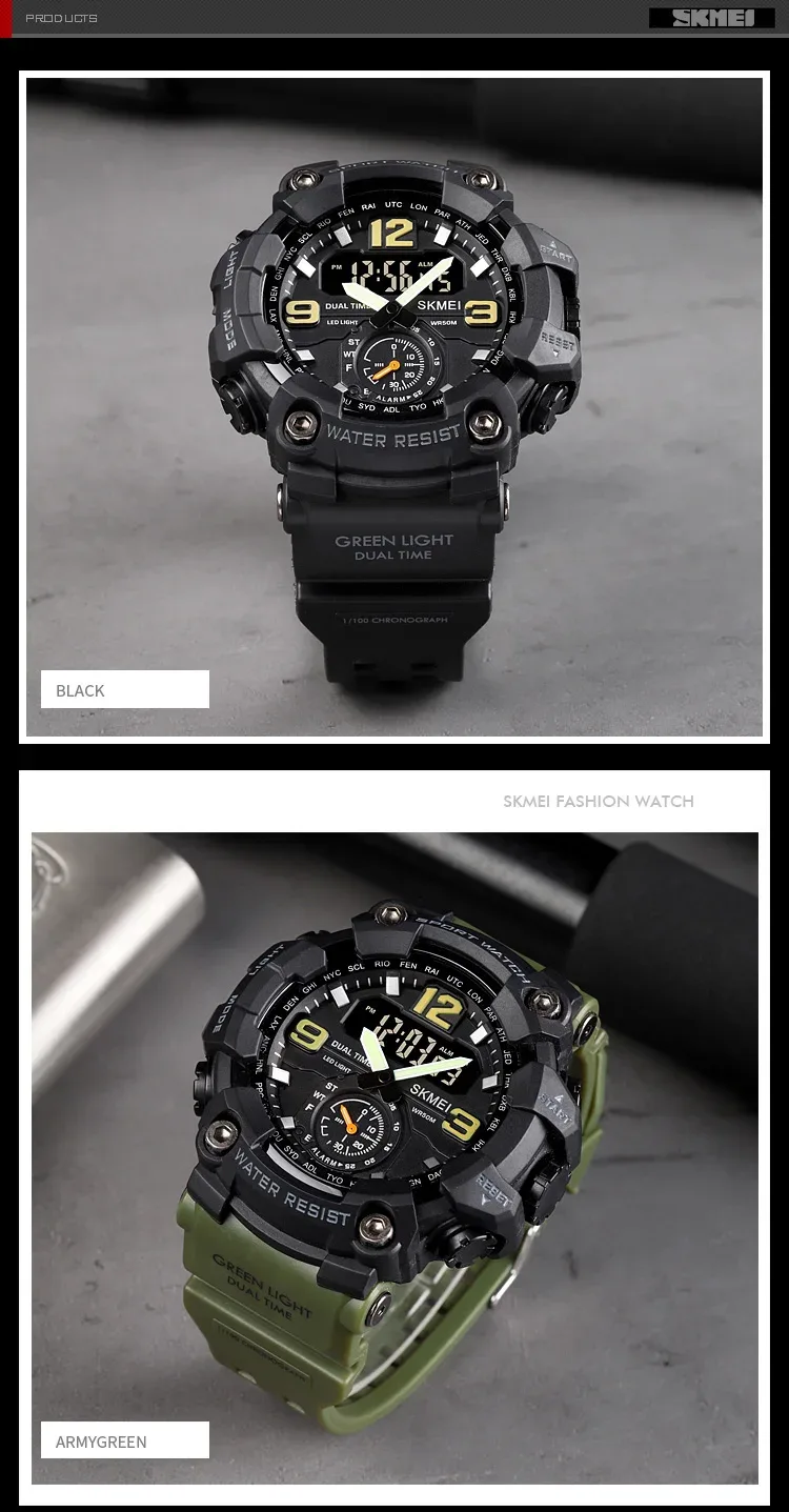 SKMEI 3 Time Countdown Digital Mens Sport Wristwatch Waterproof Electronic Watches Alarm reloj hombre