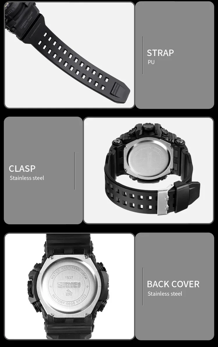 SKMEI 3 Time Countdown Digital Mens Sport Wristwatch Waterproof Electronic Watches Alarm reloj hombre