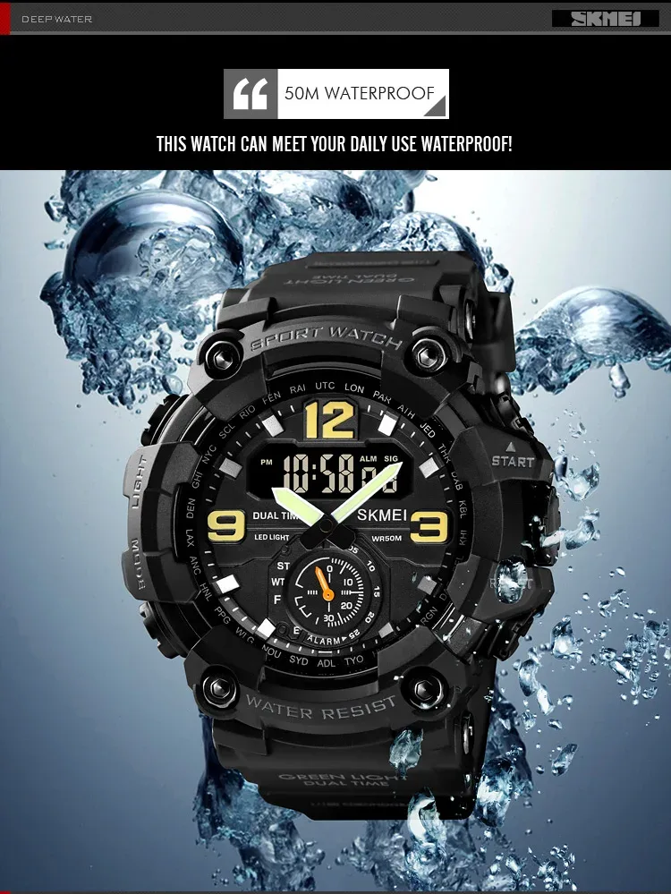 SKMEI 3 Time Countdown Digital Mens Sport Wristwatch Waterproof Electronic Watches Alarm reloj hombre