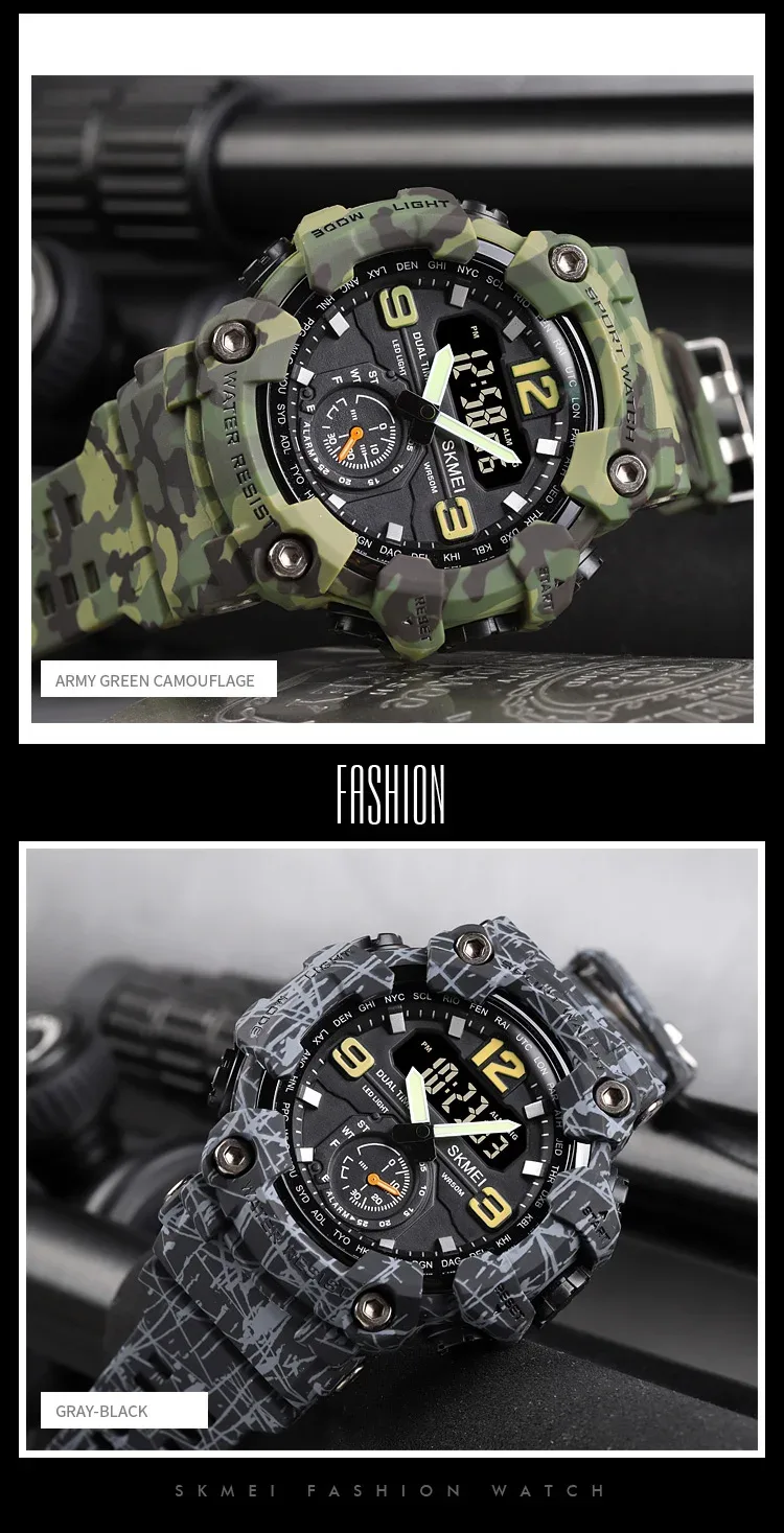 SKMEI 3 Time Countdown Digital Mens Sport Wristwatch Waterproof Electronic Watches Alarm reloj hombre