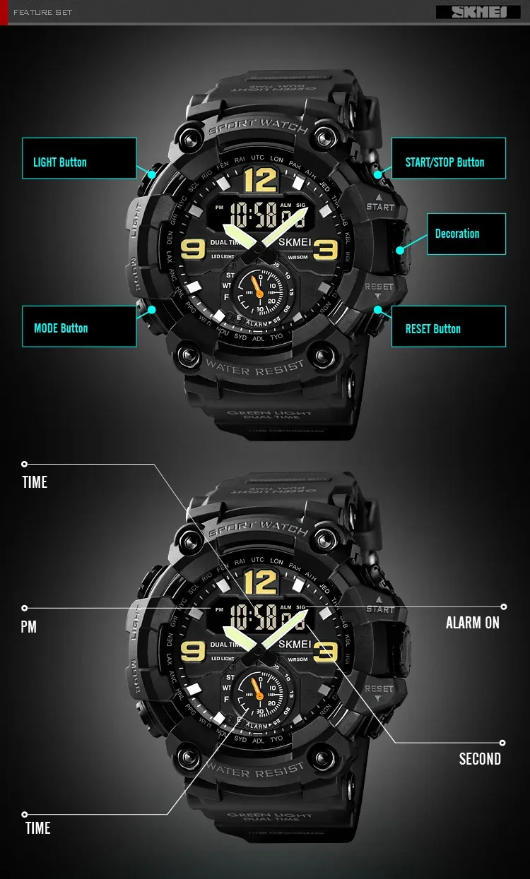 SKMEI 3 Time Countdown Digital Mens Sport Wristwatch Waterproof Electronic Watches Alarm reloj hombre