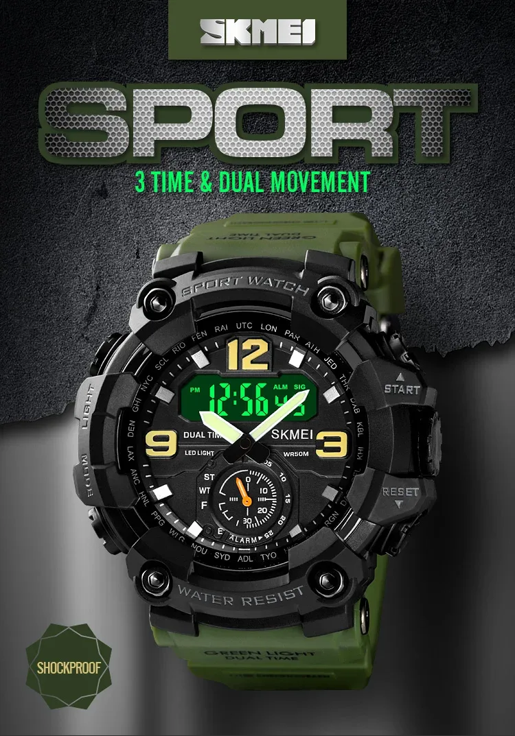 SKMEI 3 Time Countdown Digital Mens Sport Wristwatch Waterproof Electronic Watches Alarm reloj hombre