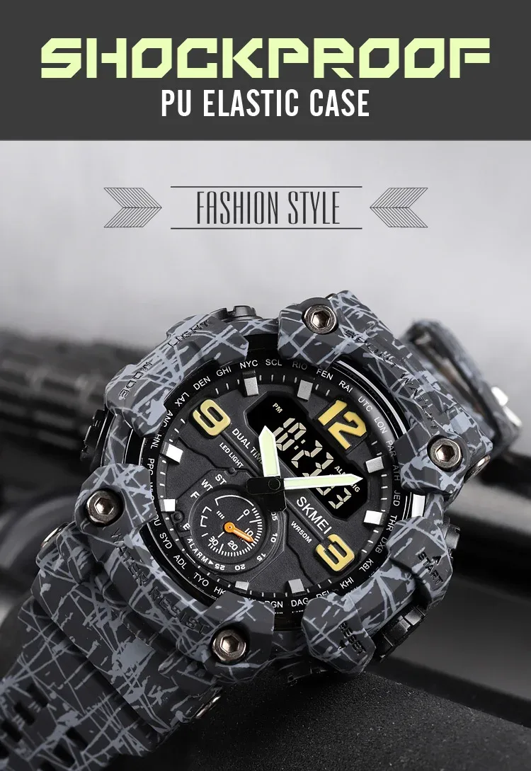 SKMEI 3 Time Countdown Digital Mens Sport Wristwatch Waterproof Electronic Watches Alarm reloj hombre