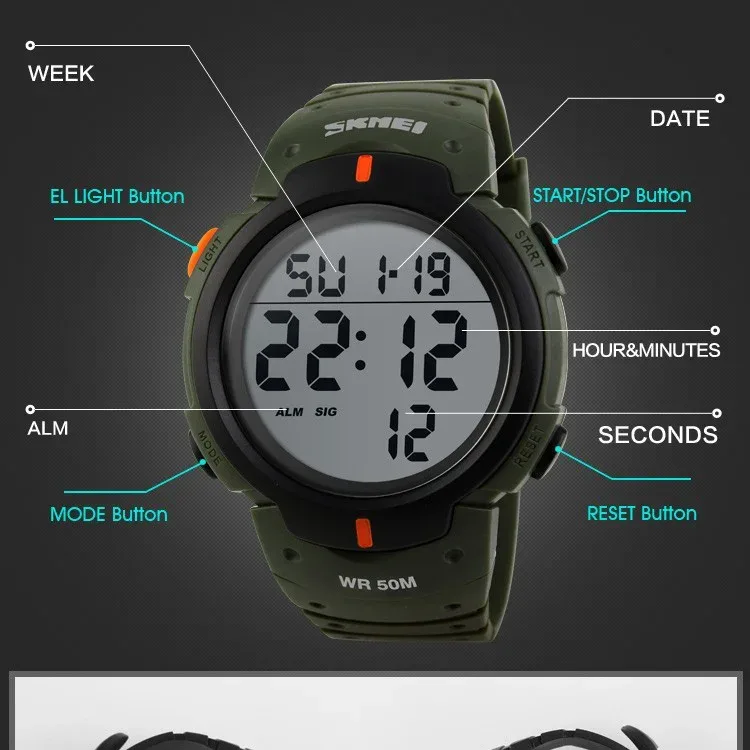 SKMEI Big Dial Fashion Simple Watches Outdoor Sport Watch Men Calendar PU Strap 5Bar Waterproof Digital Watch reloj hombre