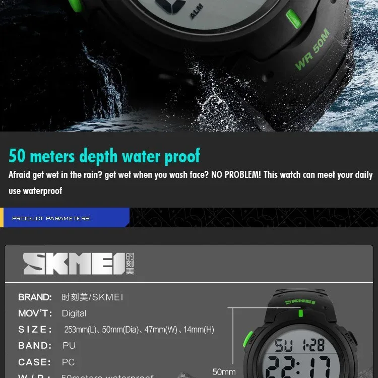 SKMEI Big Dial Fashion Simple Watches Outdoor Sport Watch Men Calendar PU Strap 5Bar Waterproof Digital Watch reloj hombre
