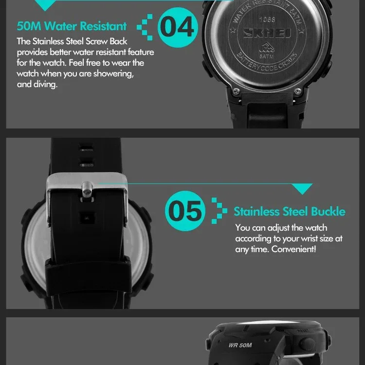 SKMEI Big Dial Fashion Simple Watches Outdoor Sport Watch Men Calendar PU Strap 5Bar Waterproof Digital Watch reloj hombre