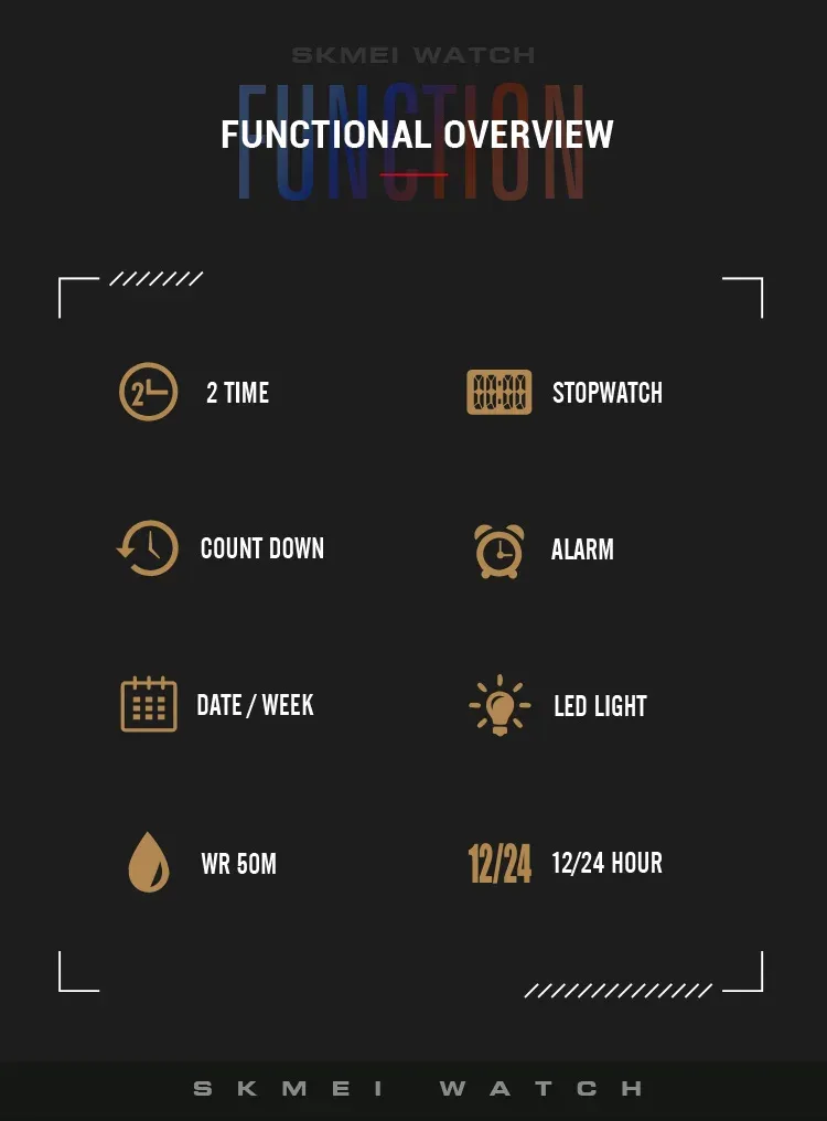SKMEI Fashion Casual Stopwatch Date Week 5Bar Waterproof Wristwatch LED Light Countdown Digital Mens Sport Watches Alarm Clock