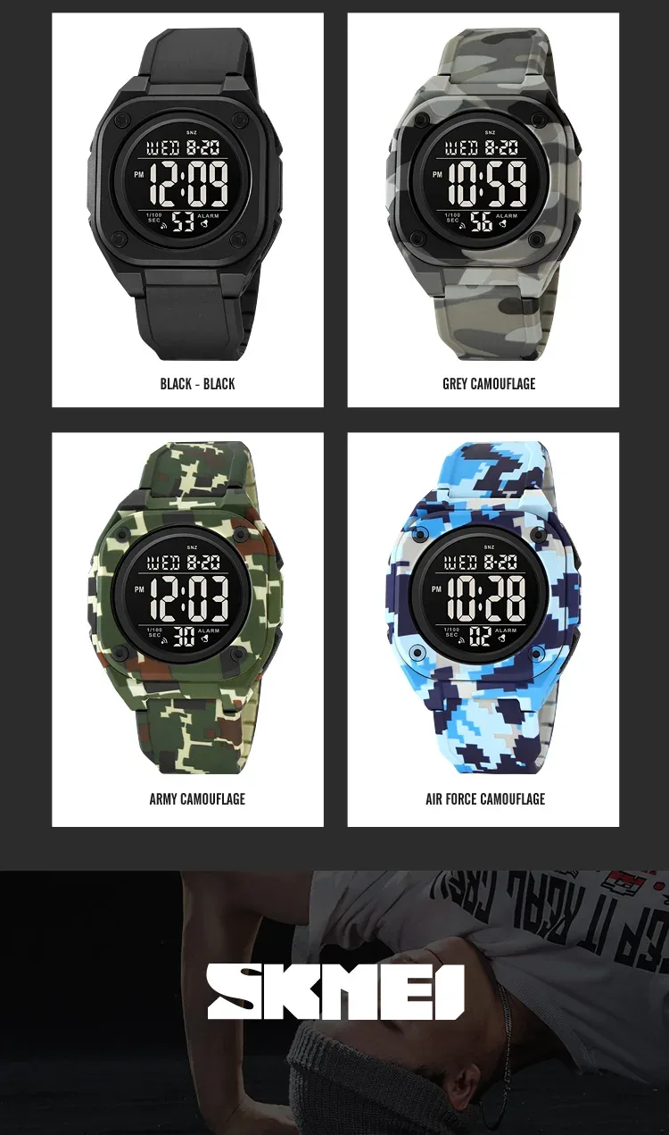 SKMEI Fashion Casual Stopwatch Date Week 5Bar Waterproof Wristwatch LED Light Countdown Digital Mens Sport Watches Alarm Clock