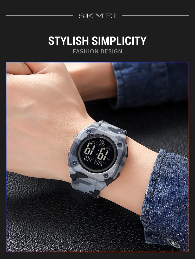 SKMEI Fashion Casual Stopwatch Date Week 5Bar Waterproof Wristwatch LED Light Countdown Digital Mens Sport Watches Alarm Clock