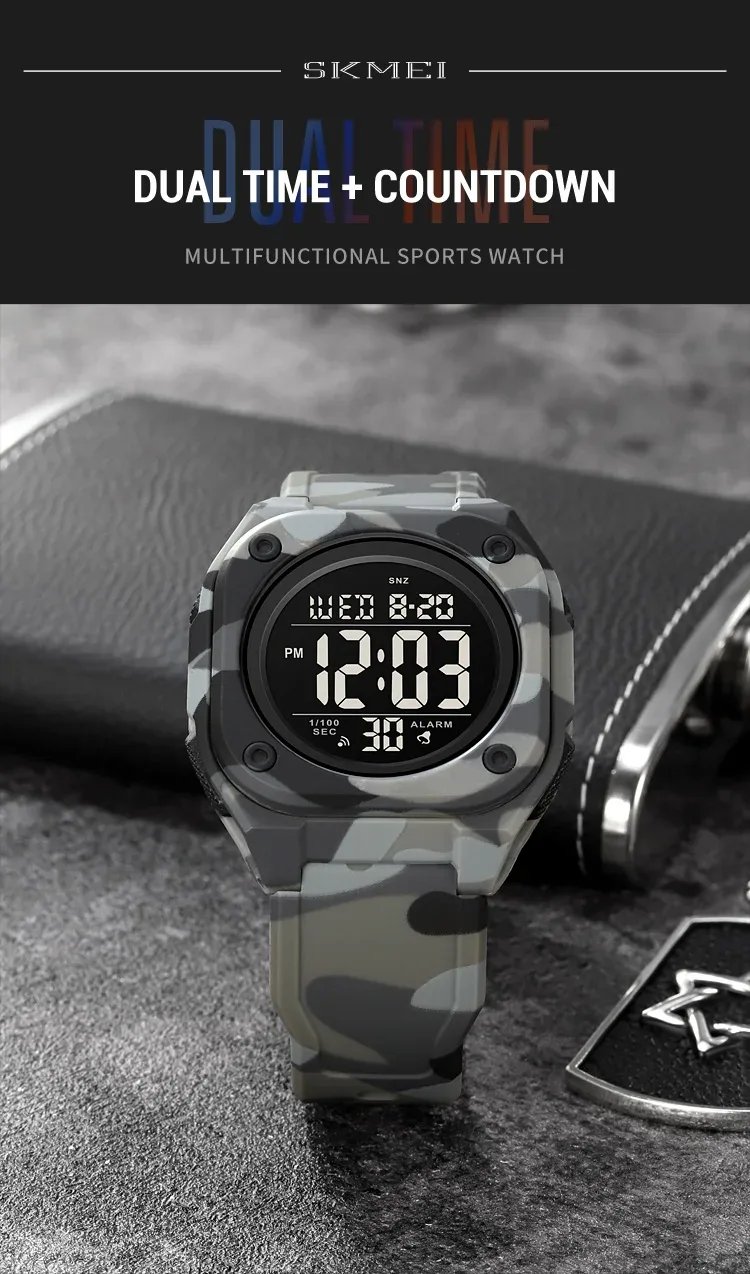 SKMEI Fashion Casual Stopwatch Date Week 5Bar Waterproof Wristwatch LED Light Countdown Digital Mens Sport Watches Alarm Clock