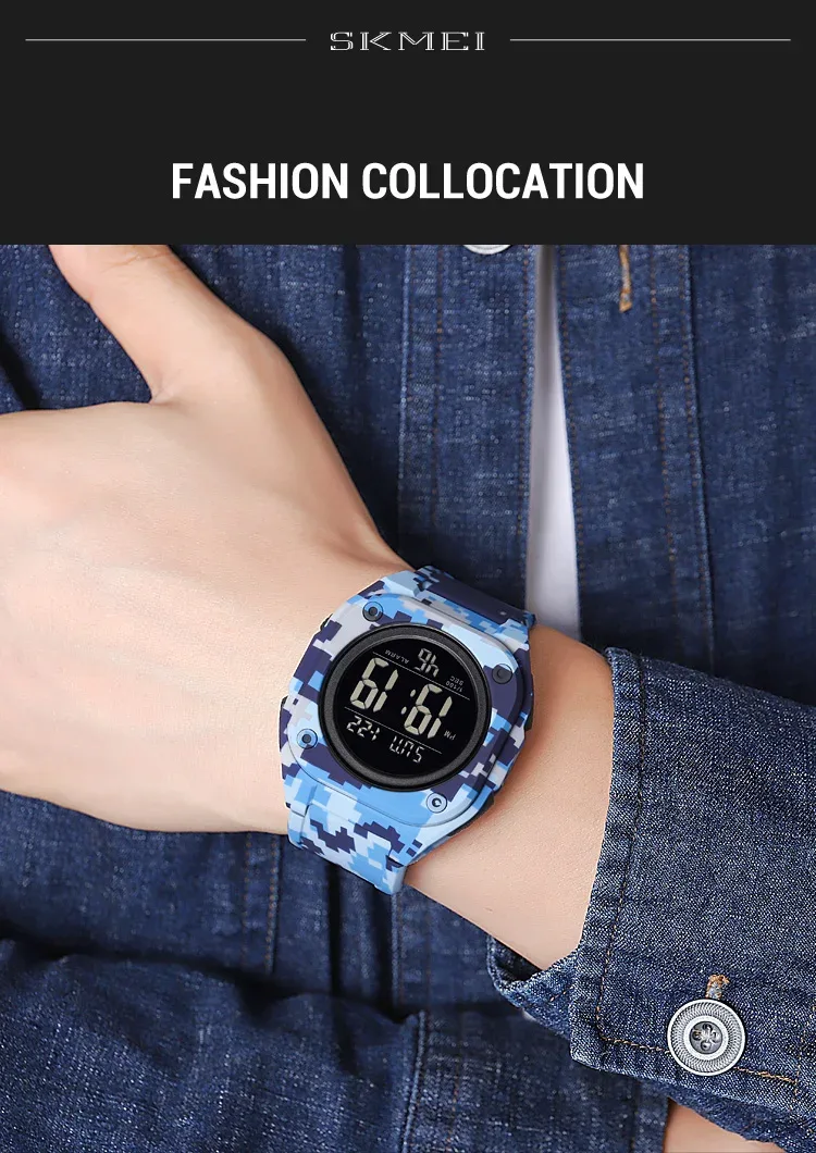 SKMEI Fashion Casual Stopwatch Date Week 5Bar Waterproof Wristwatch LED Light Countdown Digital Mens Sport Watches Alarm Clock