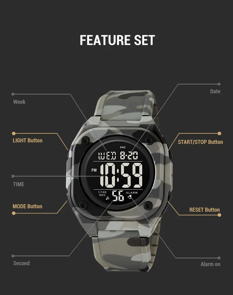 SKMEI Fashion Casual Stopwatch Date Week 5Bar Waterproof Wristwatch LED Light Countdown Digital Mens Sport Watches Alarm Clock