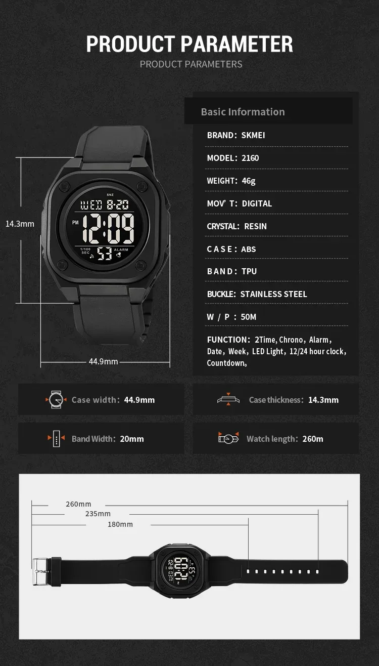 SKMEI Fashion Casual Stopwatch Date Week 5Bar Waterproof Wristwatch LED Light Countdown Digital Mens Sport Watches Alarm Clock