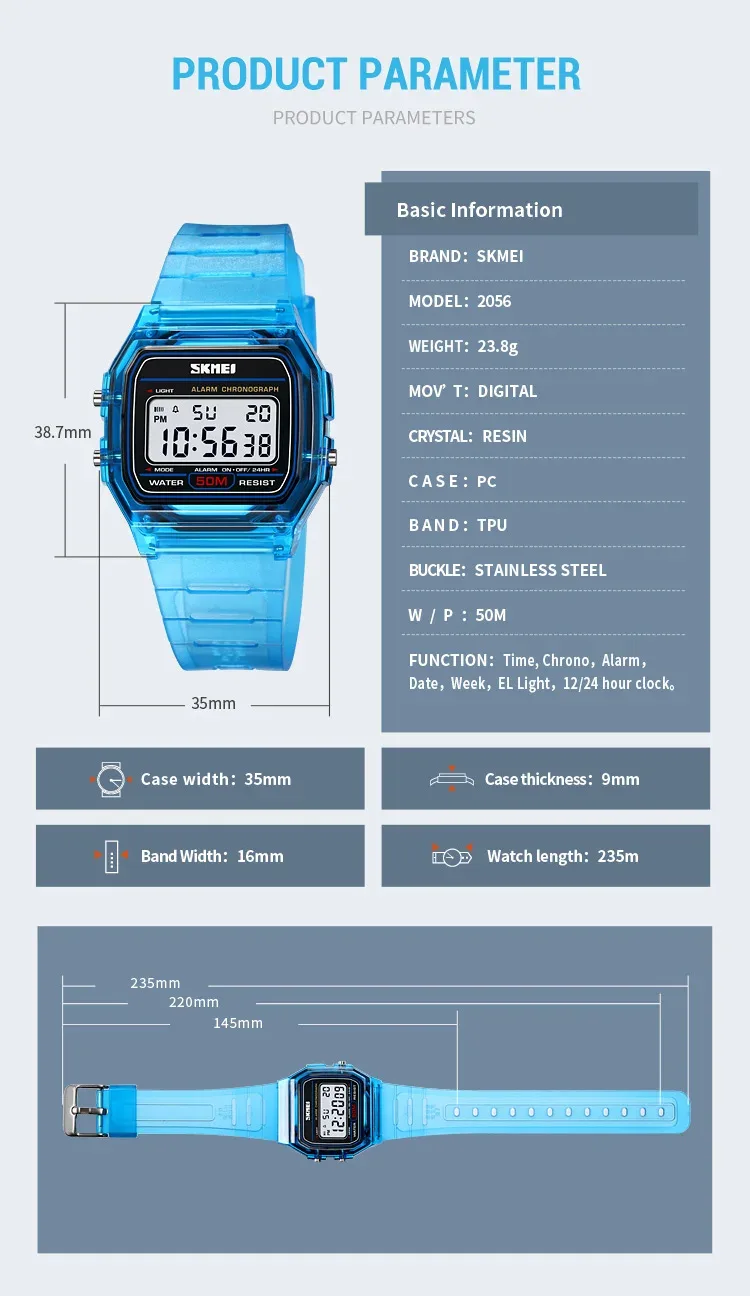 SKMEI Shockproof Back Light Display Stopwatch Digital Watches Fashion Transparent TPU Strap Ladies Wristwatch Women reloj mujer