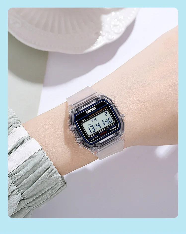 SKMEI Shockproof Back Light Display Stopwatch Digital Watches Fashion Transparent TPU Strap Ladies Wristwatch Women reloj mujer