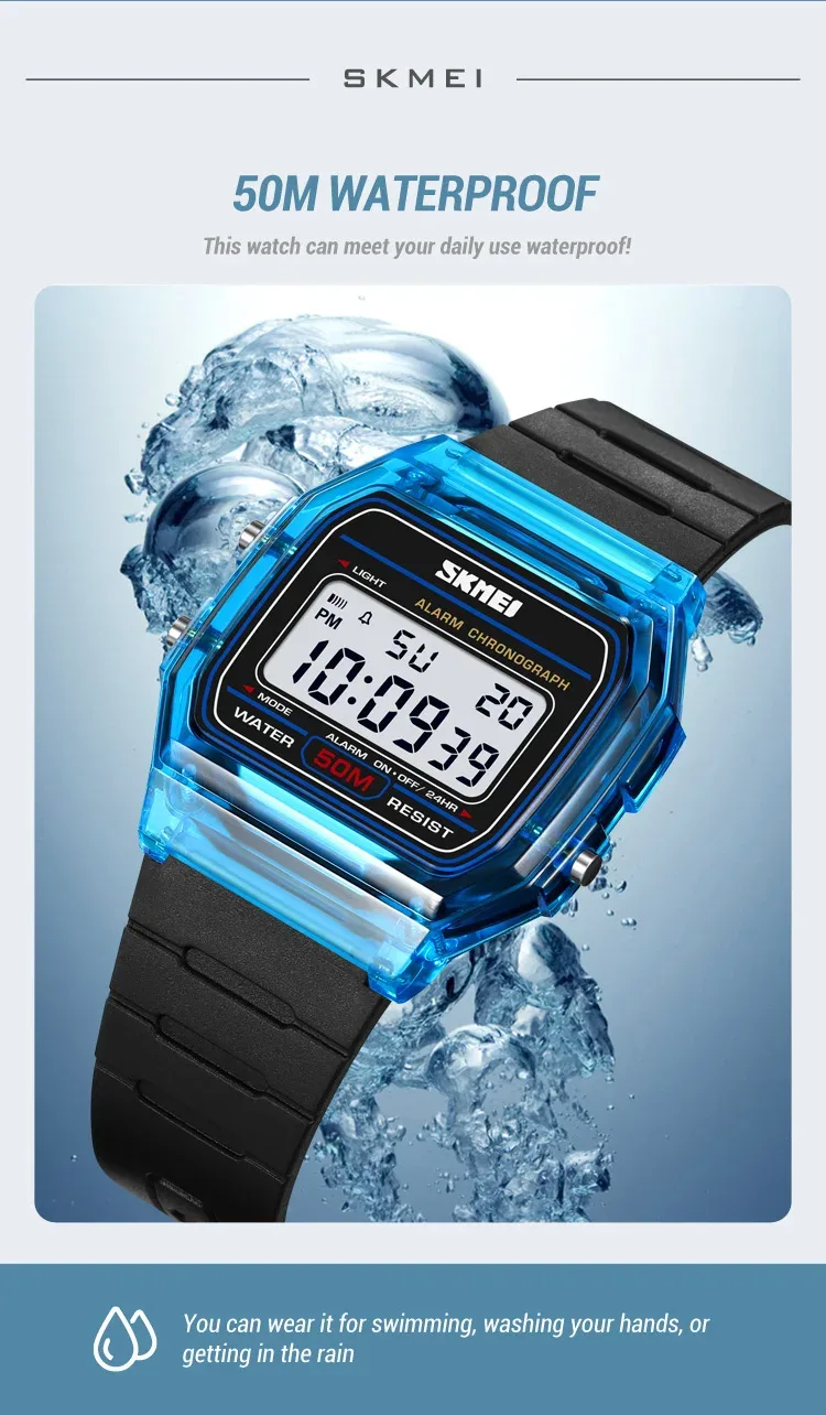 SKMEI Shockproof Back Light Display Stopwatch Digital Watches Fashion Transparent TPU Strap Ladies Wristwatch Women reloj mujer