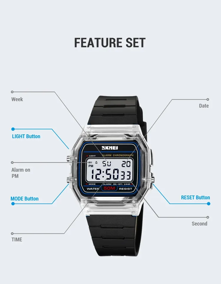 SKMEI Shockproof Back Light Display Stopwatch Digital Watches Fashion Transparent TPU Strap Ladies Wristwatch Women reloj mujer