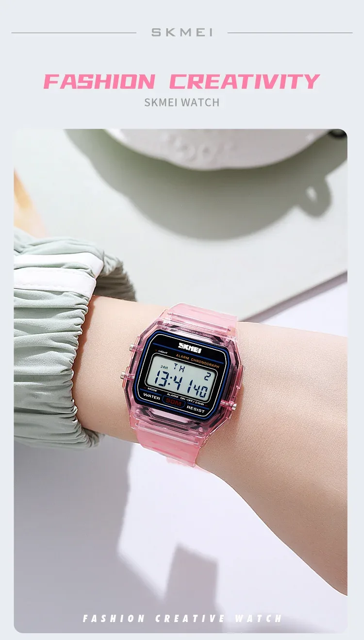 SKMEI Shockproof Back Light Display Stopwatch Digital Watches Fashion Transparent TPU Strap Ladies Wristwatch Women reloj mujer