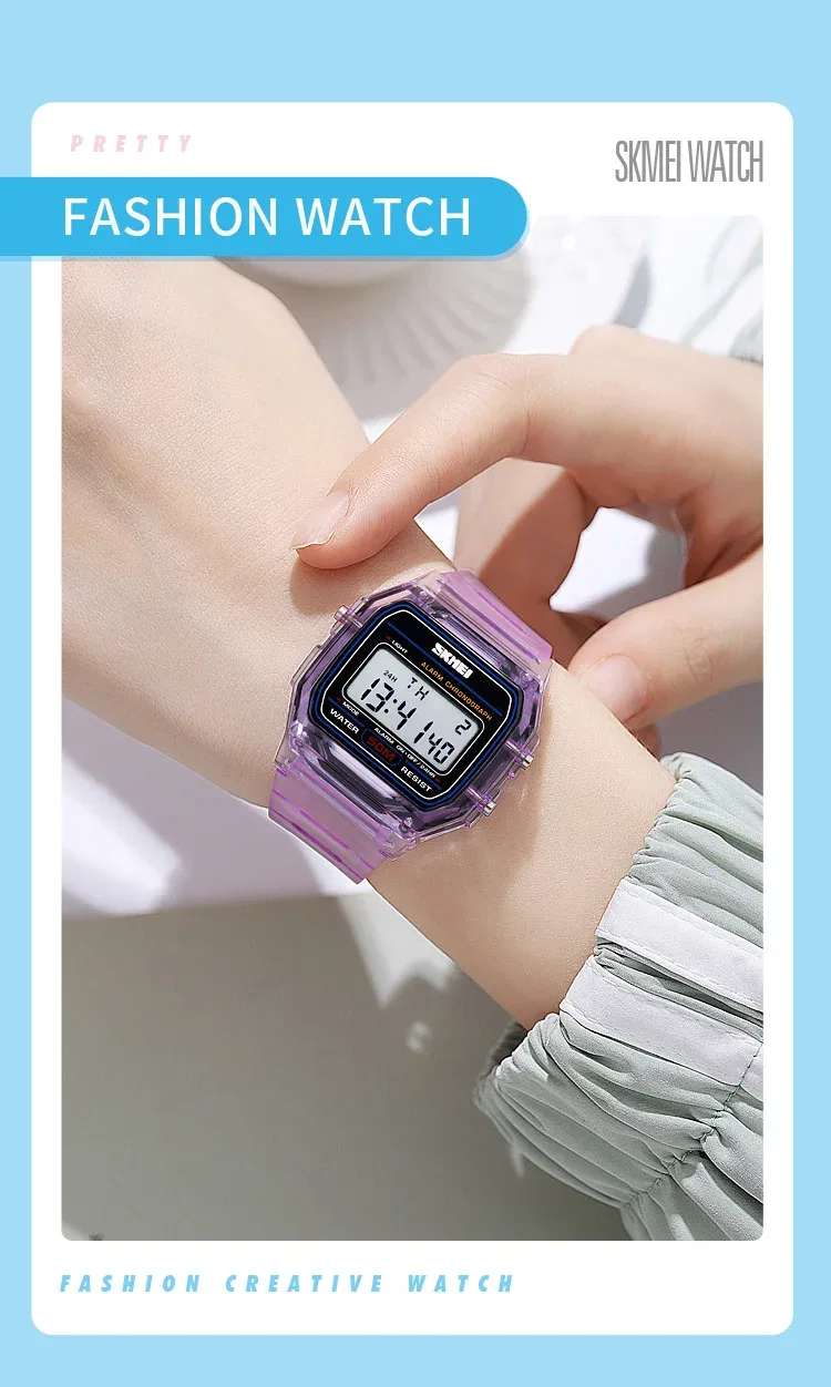 SKMEI Shockproof Back Light Display Stopwatch Digital Watches Fashion Transparent TPU Strap Ladies Wristwatch Women reloj mujer