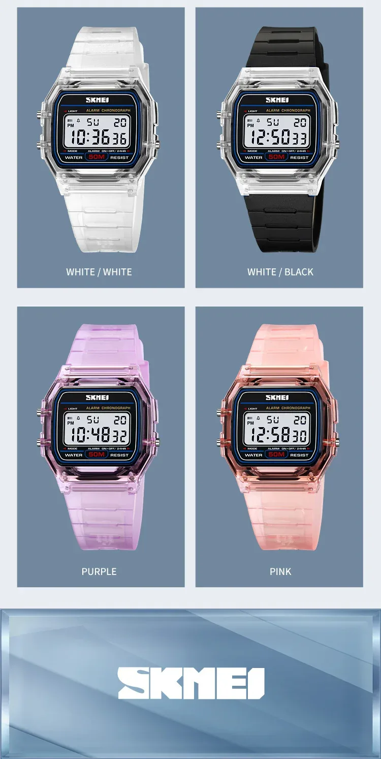 SKMEI Shockproof Back Light Display Stopwatch Digital Watches Fashion Transparent TPU Strap Ladies Wristwatch Women reloj mujer