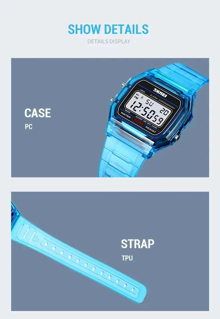 SKMEI Shockproof Back Light Display Stopwatch Digital Watches Fashion Transparent TPU Strap Ladies Wristwatch Women reloj mujer