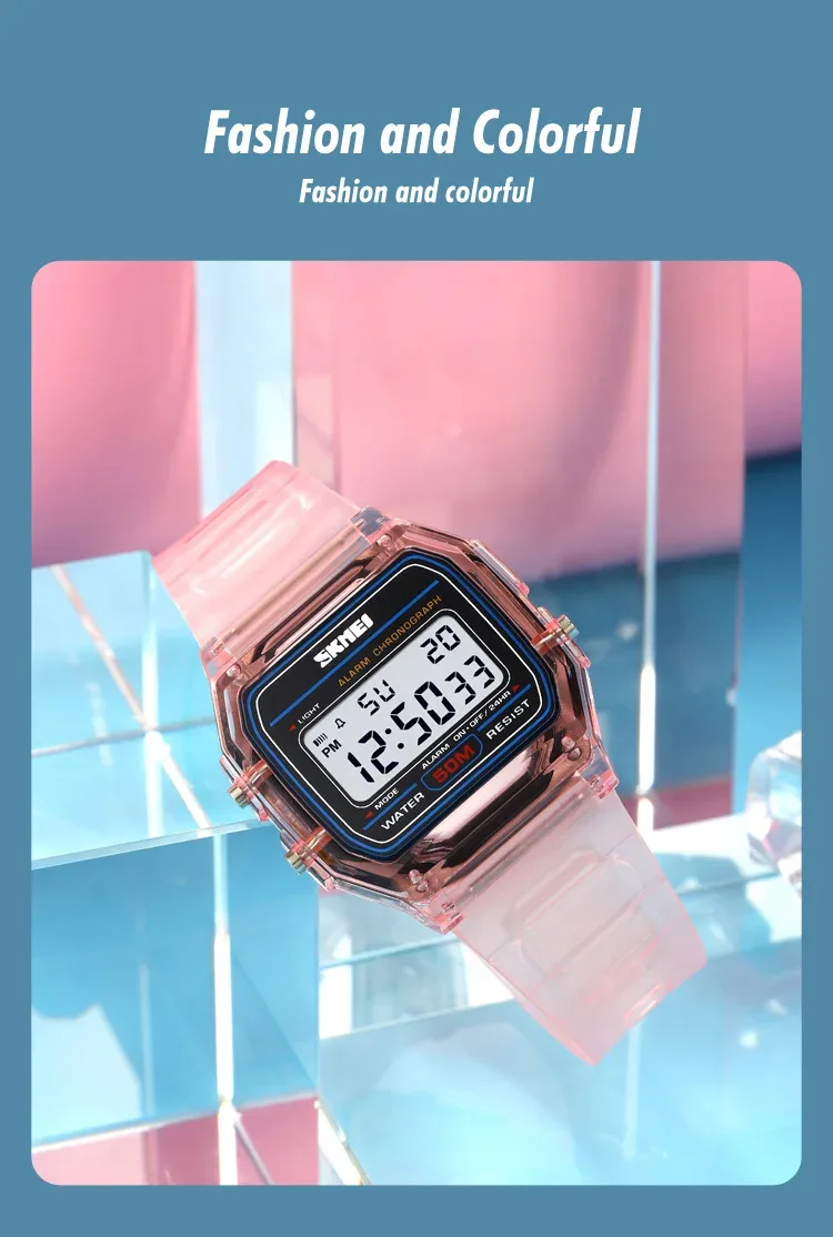 SKMEI Shockproof Back Light Display Stopwatch Digital Watches Fashion Transparent TPU Strap Ladies Wristwatch Women reloj mujer
