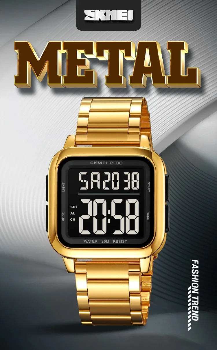 SKMEI New Luxury Stainless Steel LED Light Sport Fashion Watch Mens 3Bar Waterproof Digital Wristwatches Male Alarm Reloj Hombre