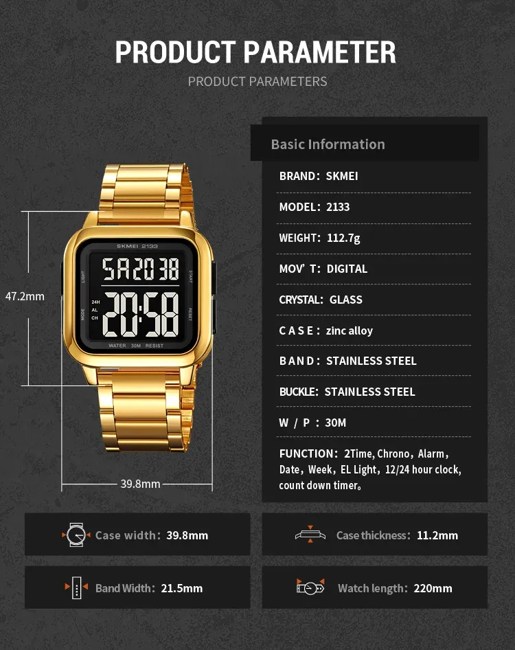 SKMEI New Luxury Stainless Steel LED Light Sport Fashion Watch Mens 3Bar Waterproof Digital Wristwatches Male Alarm Reloj Hombre