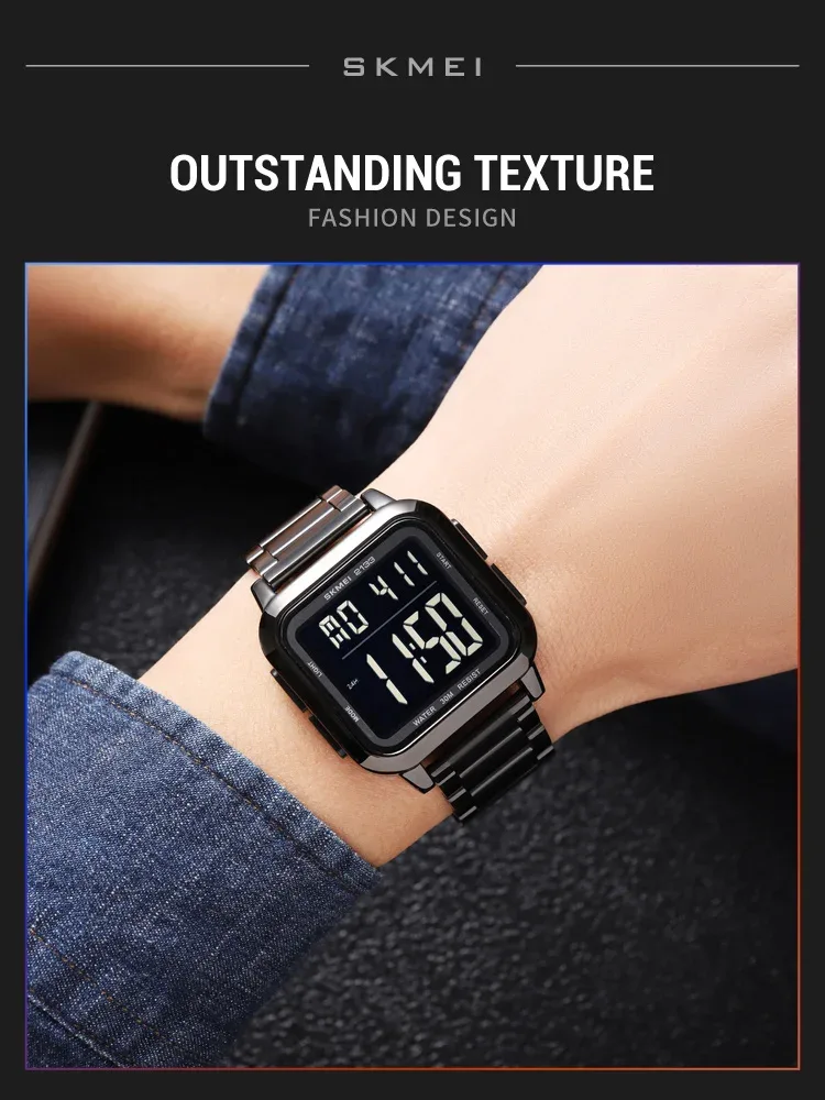 SKMEI New Luxury Stainless Steel LED Light Sport Fashion Watch Mens 3Bar Waterproof Digital Wristwatches Male Alarm Reloj Hombre