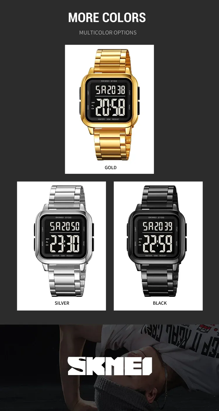 SKMEI New Luxury Stainless Steel LED Light Sport Fashion Watch Mens 3Bar Waterproof Digital Wristwatches Male Alarm Reloj Hombre