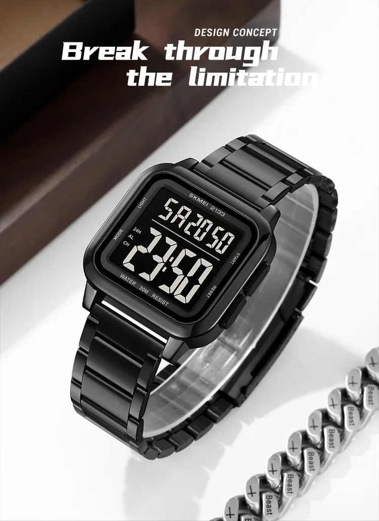 SKMEI New Luxury Stainless Steel LED Light Sport Fashion Watch Mens 3Bar Waterproof Digital Wristwatches Male Alarm Reloj Hombre