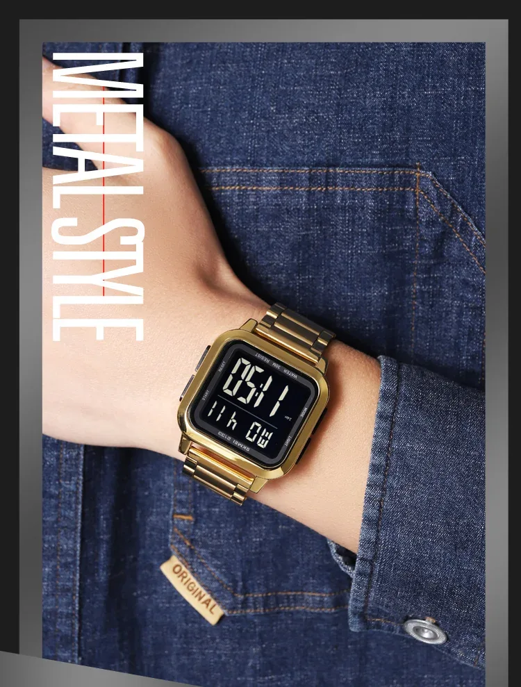 SKMEI New Luxury Stainless Steel LED Light Sport Fashion Watch Mens 3Bar Waterproof Digital Wristwatches Male Alarm Reloj Hombre