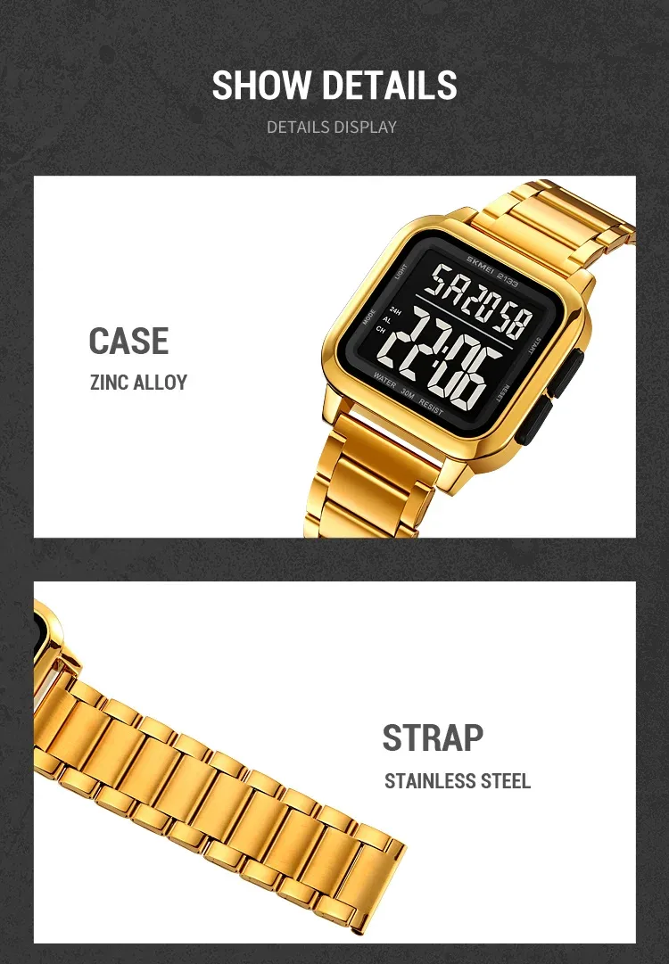 SKMEI New Luxury Stainless Steel LED Light Sport Fashion Watch Mens 3Bar Waterproof Digital Wristwatches Male Alarm Reloj Hombre