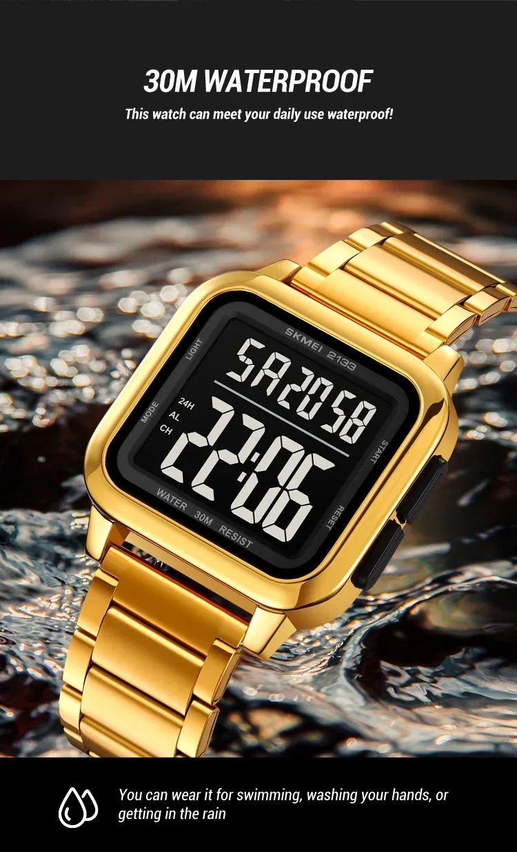 SKMEI New Luxury Stainless Steel LED Light Sport Fashion Watch Mens 3Bar Waterproof Digital Wristwatches Male Alarm Reloj Hombre