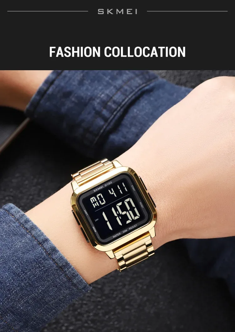 SKMEI New Luxury Stainless Steel LED Light Sport Fashion Watch Mens 3Bar Waterproof Digital Wristwatches Male Alarm Reloj Hombre