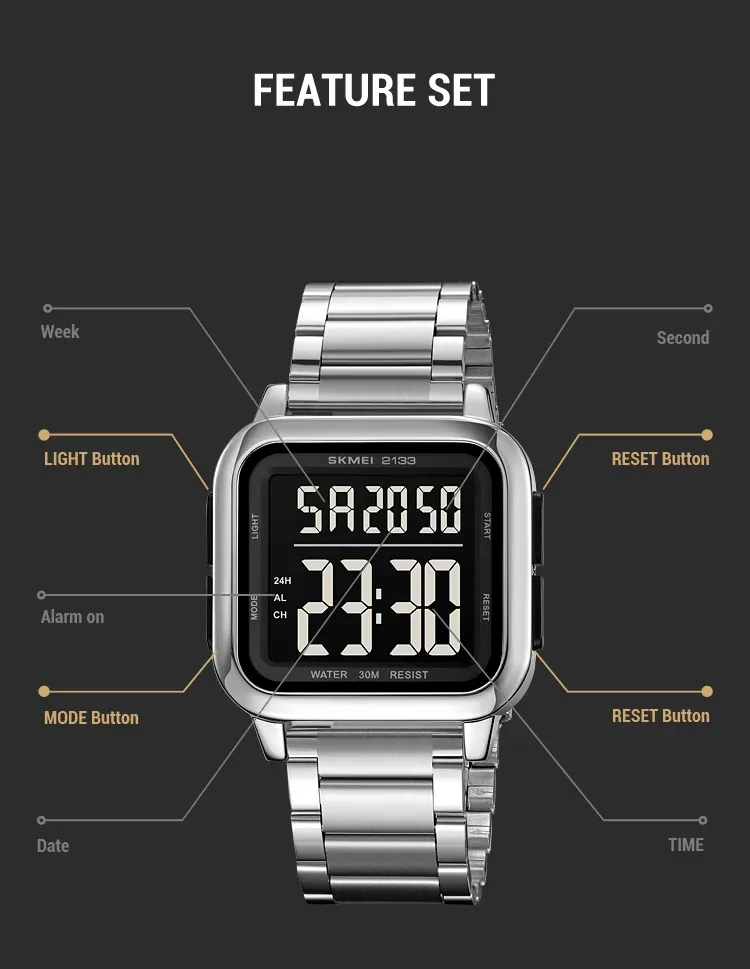 SKMEI New Luxury Stainless Steel LED Light Sport Fashion Watch Mens 3Bar Waterproof Digital Wristwatches Male Alarm Reloj Hombre
