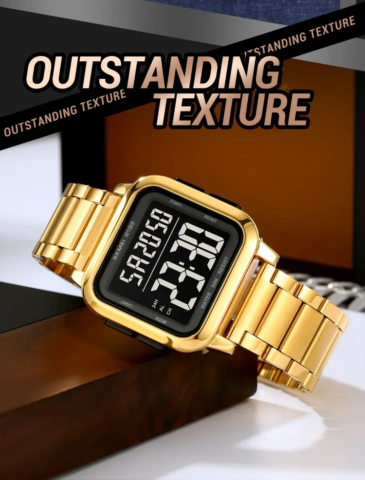 SKMEI New Luxury Stainless Steel LED Light Sport Fashion Watch Mens 3Bar Waterproof Digital Wristwatches Male Alarm Reloj Hombre