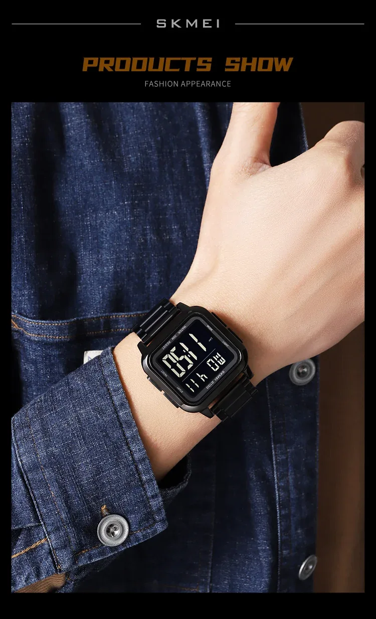 SKMEI New Luxury Stainless Steel LED Light Sport Fashion Watch Mens 3Bar Waterproof Digital Wristwatches Male Alarm Reloj Hombre