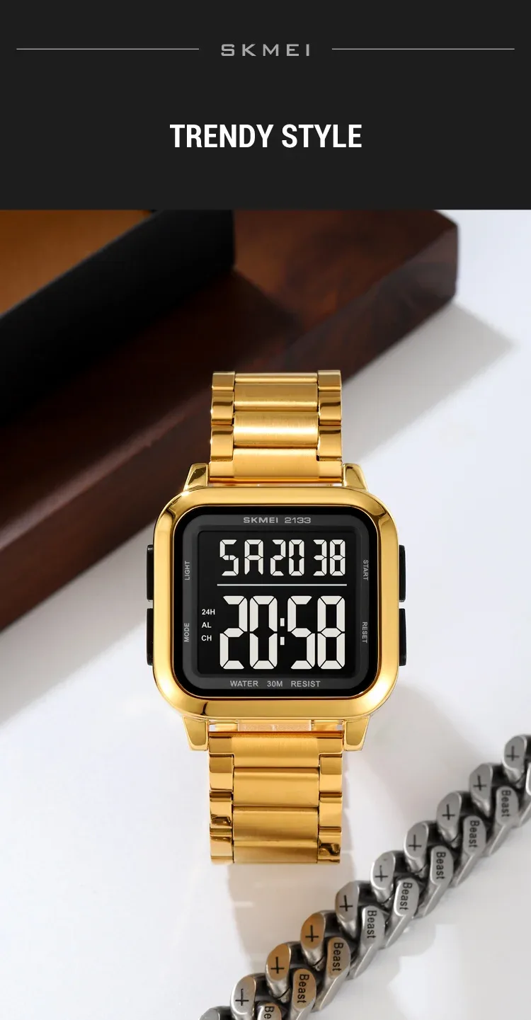 SKMEI New Luxury Stainless Steel LED Light Sport Fashion Watch Mens 3Bar Waterproof Digital Wristwatches Male Alarm Reloj Hombre