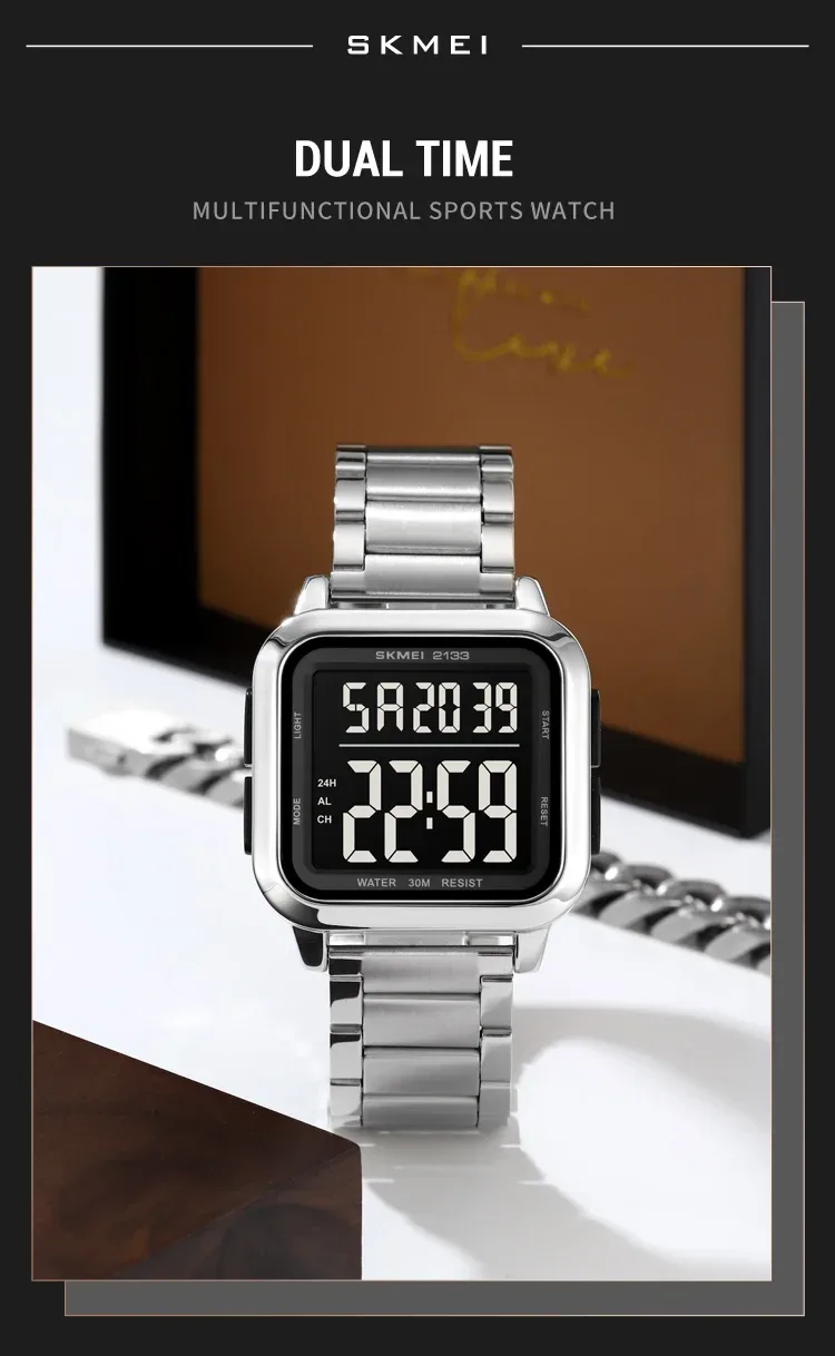 SKMEI New Luxury Stainless Steel LED Light Sport Fashion Watch Mens 3Bar Waterproof Digital Wristwatches Male Alarm Reloj Hombre