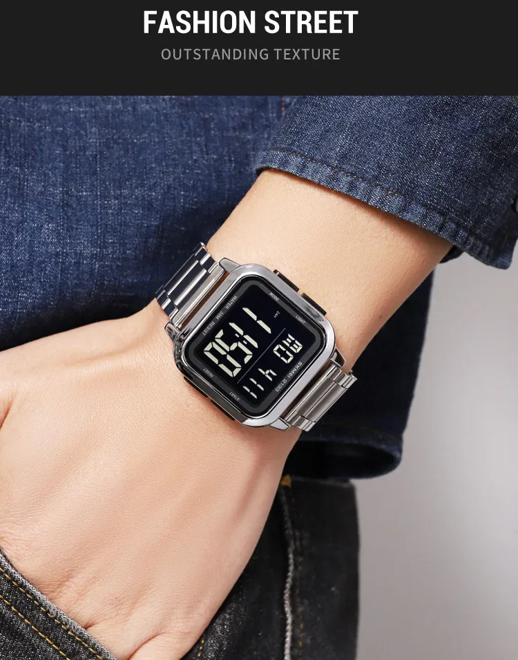 SKMEI New Luxury Stainless Steel LED Light Sport Fashion Watch Mens 3Bar Waterproof Digital Wristwatches Male Alarm Reloj Hombre